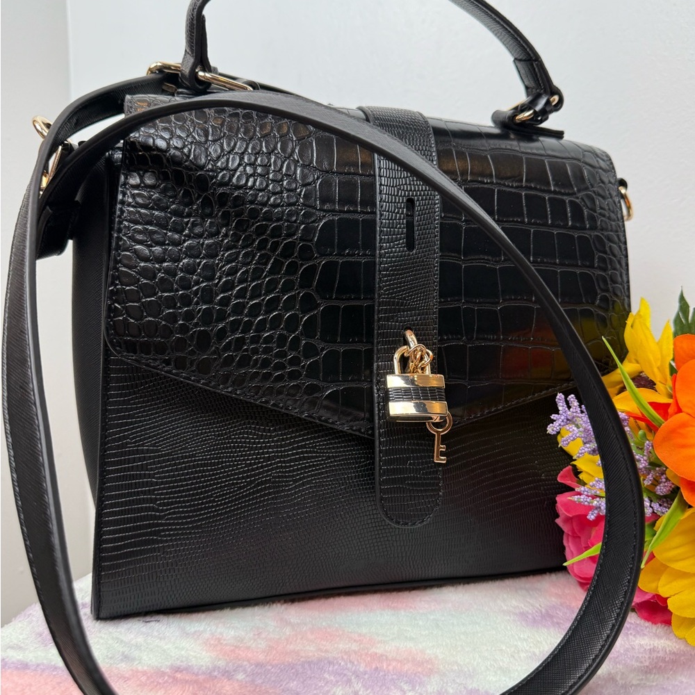Aldo Black Crocodile-Embossed Satchel with Gold‎ Hardware